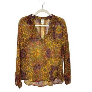 Ella Moss Silk Blouse Yellow Brown Floral Mandala Paisley Sheer V Neck Top